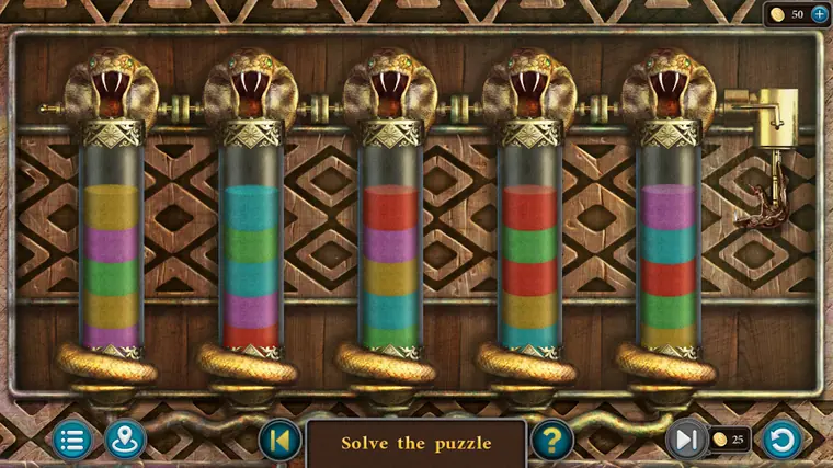 Artifact Seekers: a colour sorting puzzle with glass tubes set into a carved wooden panel