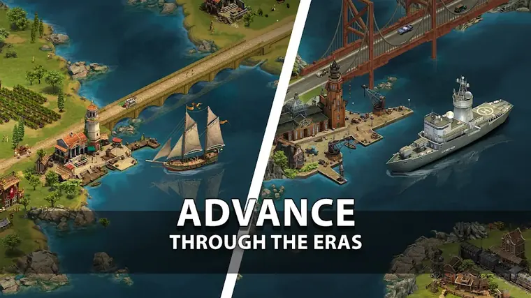 Forge of Empires: sailing ships and a steamer passing under a bridge as the city moves through the eras
