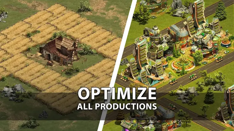 Forge of Empires: farmland on one side and a growing settlement with production buildings on the other