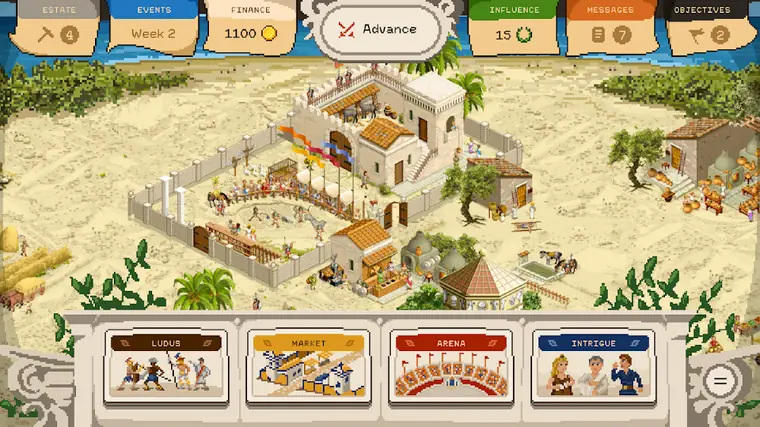 Gladiator Manager: an isometric view of a training school courtyard in Rome with the roster panel below