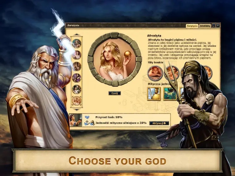 Grepolis: the Choose your god screen, with Zeus raising his lightning bolt on the left