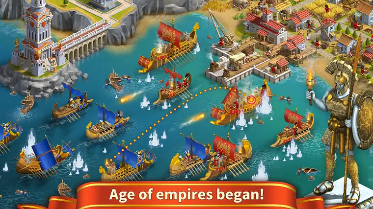 Rise of the Roman Empire: galleys manoeuvring in a harbour beneath a lighthouse and a bronze guardian